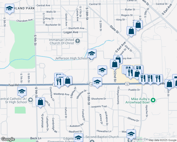 map of restaurants, bars, coffee shops, grocery stores, and more near 1986 South 18th Street in Lafayette