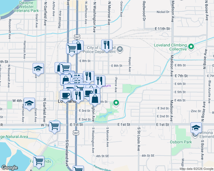 map of restaurants, bars, coffee shops, grocery stores, and more near 618 Adams Avenue in Loveland