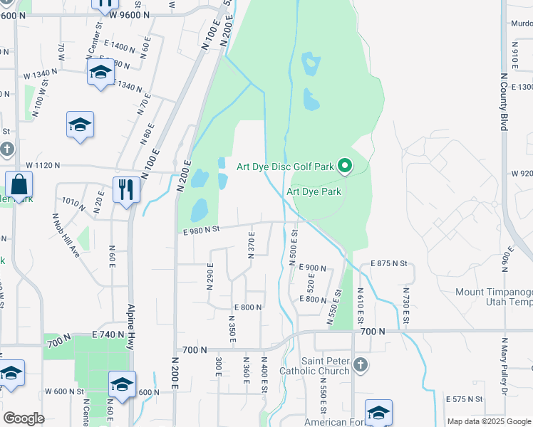map of restaurants, bars, coffee shops, grocery stores, and more near 1082 North 390 East Street in American Fork