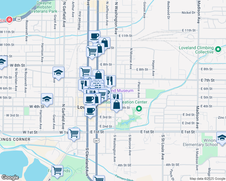 map of restaurants, bars, coffee shops, grocery stores, and more near 436 East 6th Street in Loveland