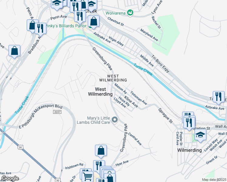 map of restaurants, bars, coffee shops, grocery stores, and more near 431 Greensburg Pike in North Versailles