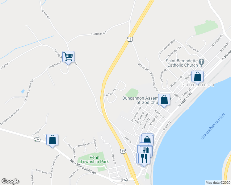 map of restaurants, bars, coffee shops, grocery stores, and more near 6 Suzanne Drive in Duncannon