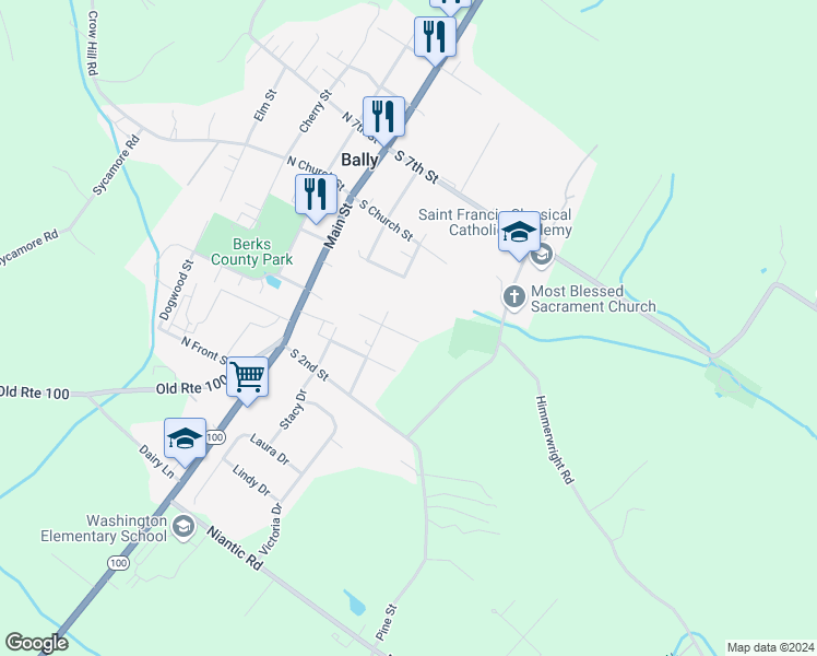 map of restaurants, bars, coffee shops, grocery stores, and more near 243 South 4th Street in Bally