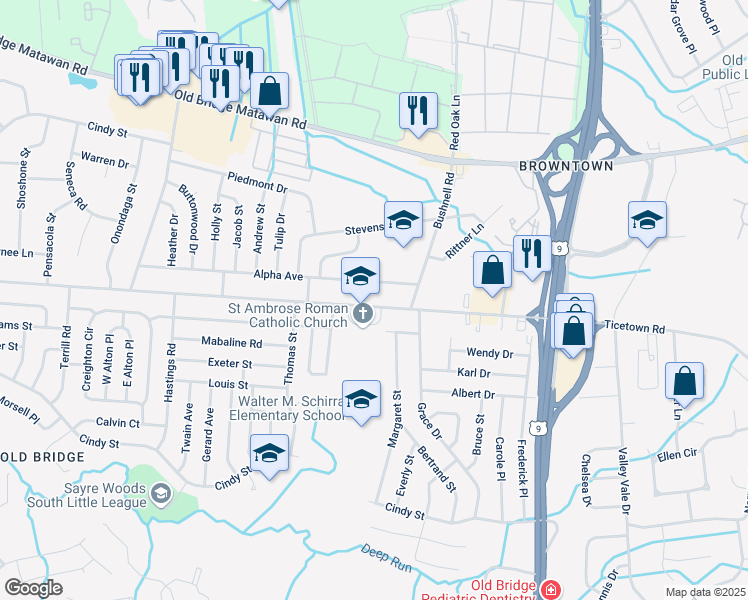 map of restaurants, bars, coffee shops, grocery stores, and more near 76 Throckmorton Lane in Old Bridge