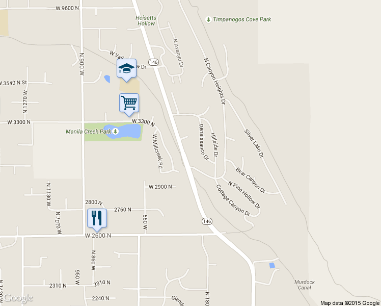 map of restaurants, bars, coffee shops, grocery stores, and more near 9096 North Canyon Road in Cedar Hills