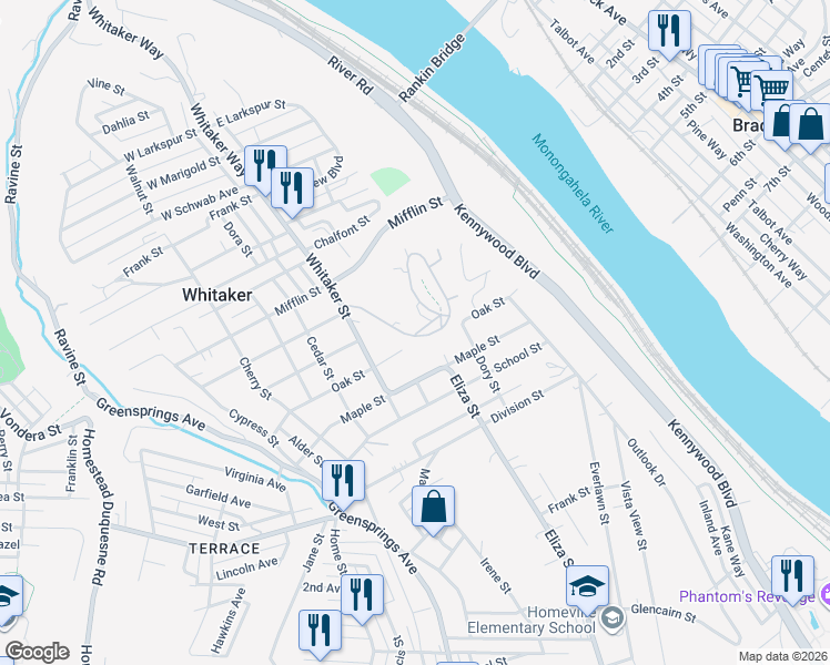 map of restaurants, bars, coffee shops, grocery stores, and more near 30-A Midway Drive in West Mifflin