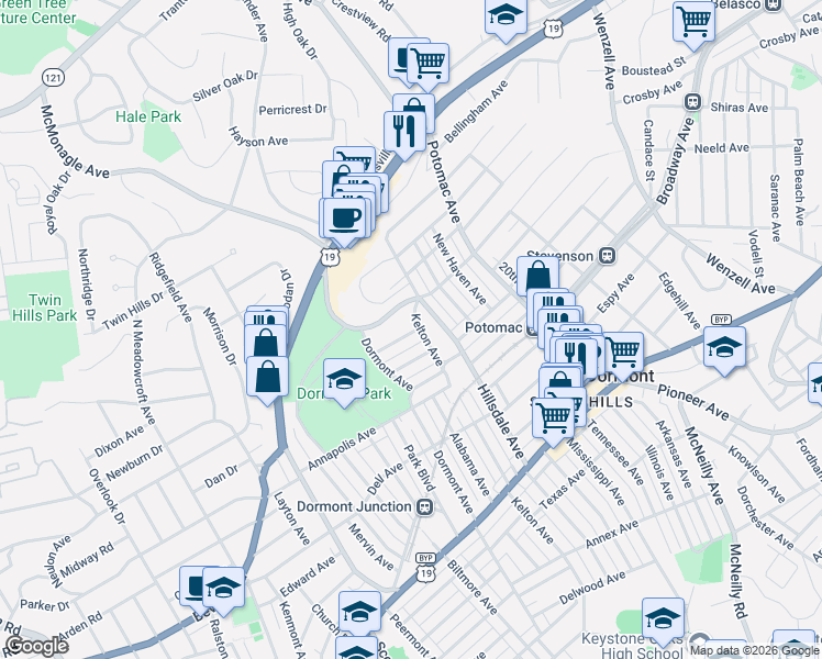map of restaurants, bars, coffee shops, grocery stores, and more near in Dormont
