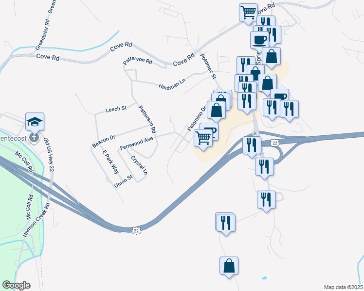 map of restaurants, bars, coffee shops, grocery stores, and more near 122 Palomino Drive in Weirton
