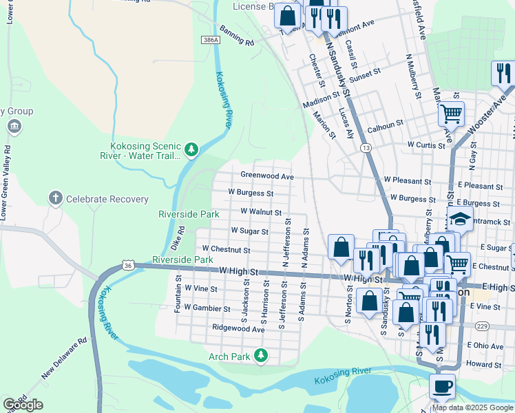 map of restaurants, bars, coffee shops, grocery stores, and more near 207 Walnut Street in Mount Vernon