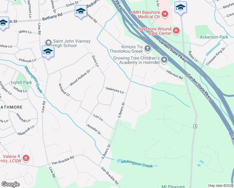map of restaurants, bars, coffee shops, grocery stores, and more near 5 Iaderosa Lane in Holmdel