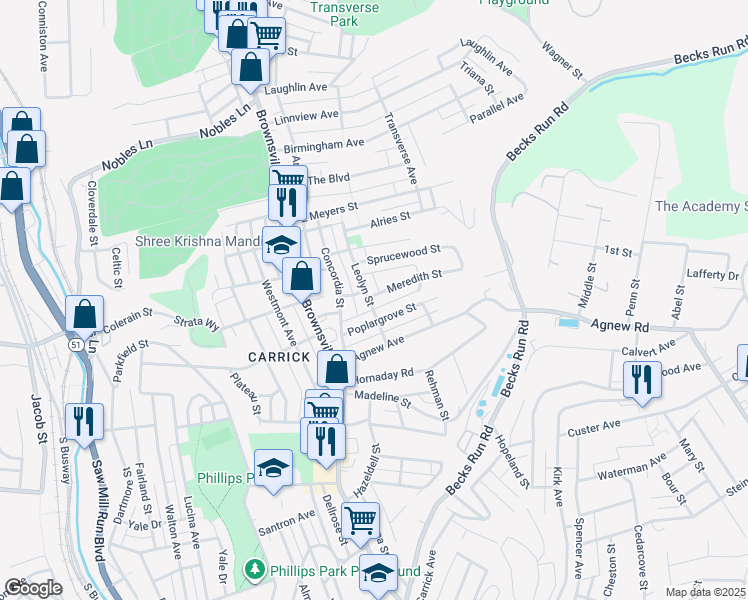 map of restaurants, bars, coffee shops, grocery stores, and more near 221 Meredith Street in Pittsburgh