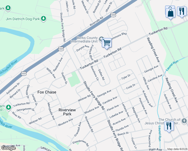 map of restaurants, bars, coffee shops, grocery stores, and more near 1052 Boeshore Circle in Reading