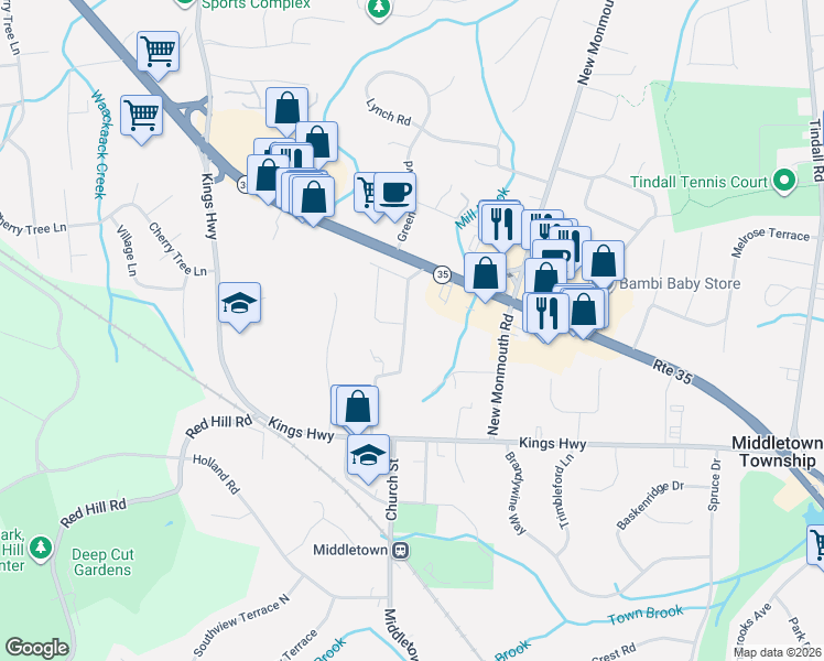 map of restaurants, bars, coffee shops, grocery stores, and more near 7 The Lenape Trail in Monmouth County