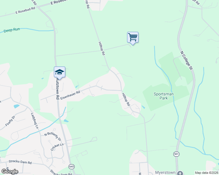 map of restaurants, bars, coffee shops, grocery stores, and more near 917 Hilltop Road in Myerstown