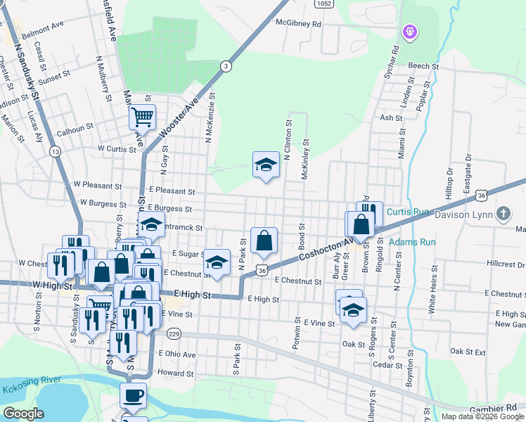 map of restaurants, bars, coffee shops, grocery stores, and more near 407 North Division Street in Mount Vernon