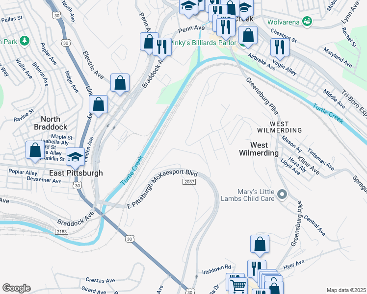 map of restaurants, bars, coffee shops, grocery stores, and more near 101 2nd Street in North Versailles