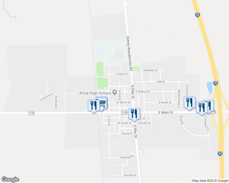 map of restaurants, bars, coffee shops, grocery stores, and more near West Walnut Street in Anna