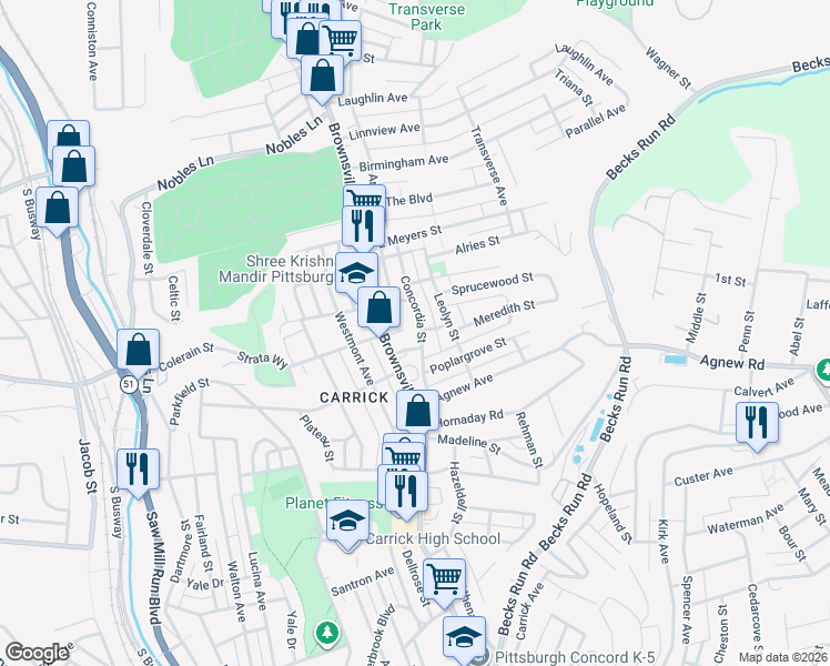 map of restaurants, bars, coffee shops, grocery stores, and more near 1712 Amanda Street in Pittsburgh