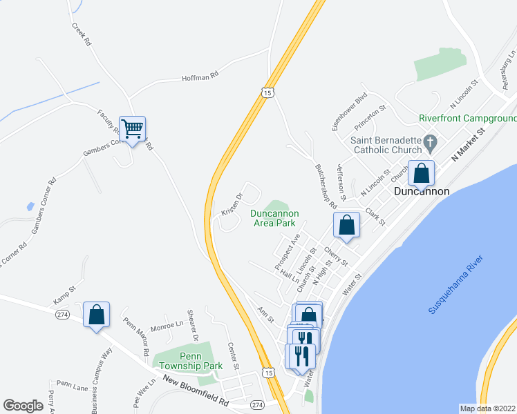 map of restaurants, bars, coffee shops, grocery stores, and more near 15 Rebecca Drive in Duncannon