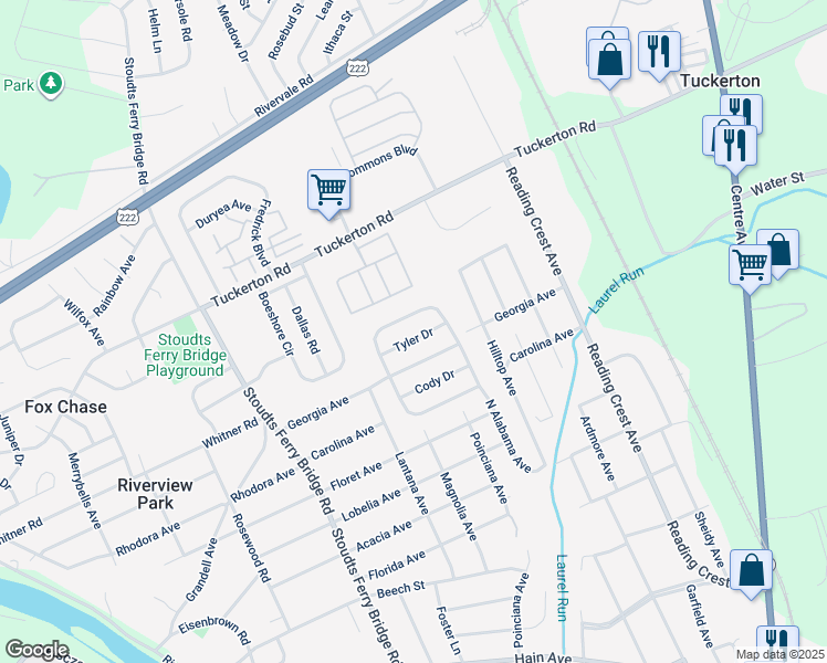 map of restaurants, bars, coffee shops, grocery stores, and more near 613 Tyler Drive in Reading