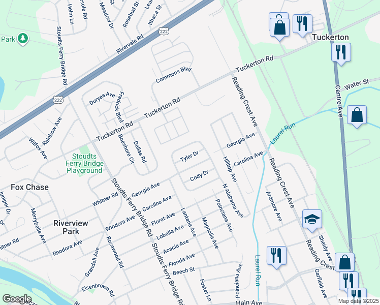 map of restaurants, bars, coffee shops, grocery stores, and more near 613 Tyler Drive in Reading