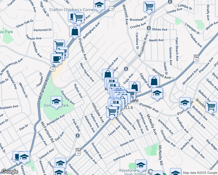 map of restaurants, bars, coffee shops, grocery stores, and more near 2918 Belrose Avenue in Pittsburgh