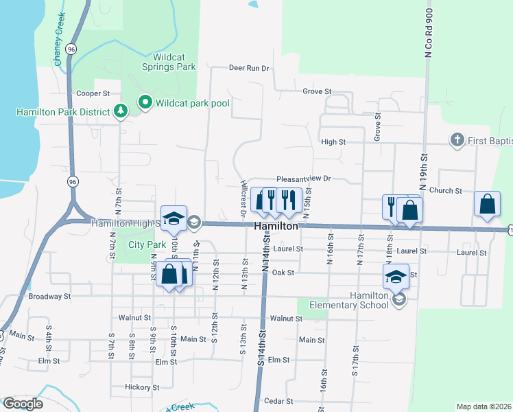 map of restaurants, bars, coffee shops, grocery stores, and more near 201 Hillcrest Drive in Hamilton