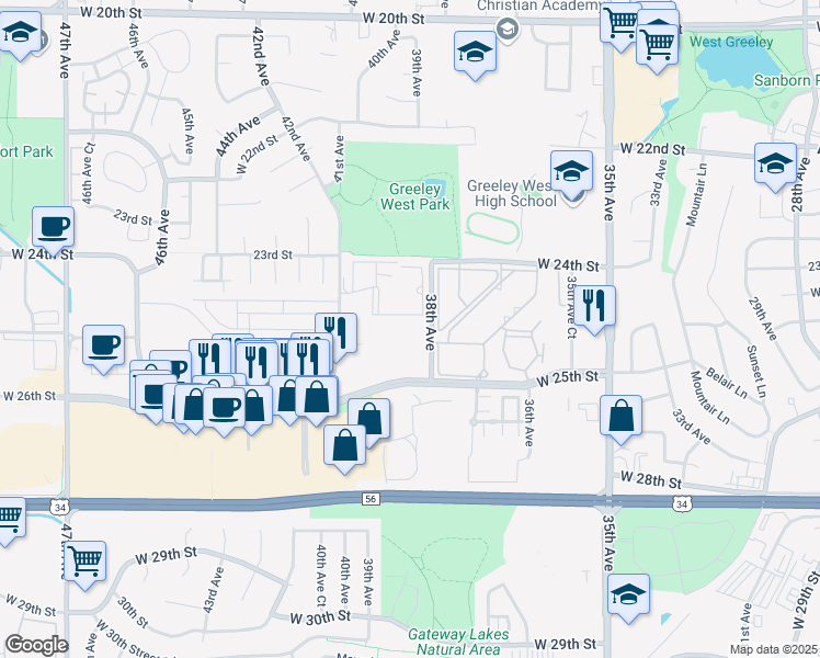 map of restaurants, bars, coffee shops, grocery stores, and more near 38th Avenue in Greeley