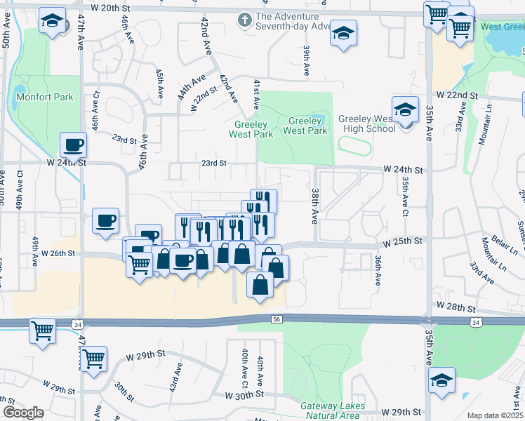 map of restaurants, bars, coffee shops, grocery stores, and more near 2390 42nd Avenue Court in Greeley