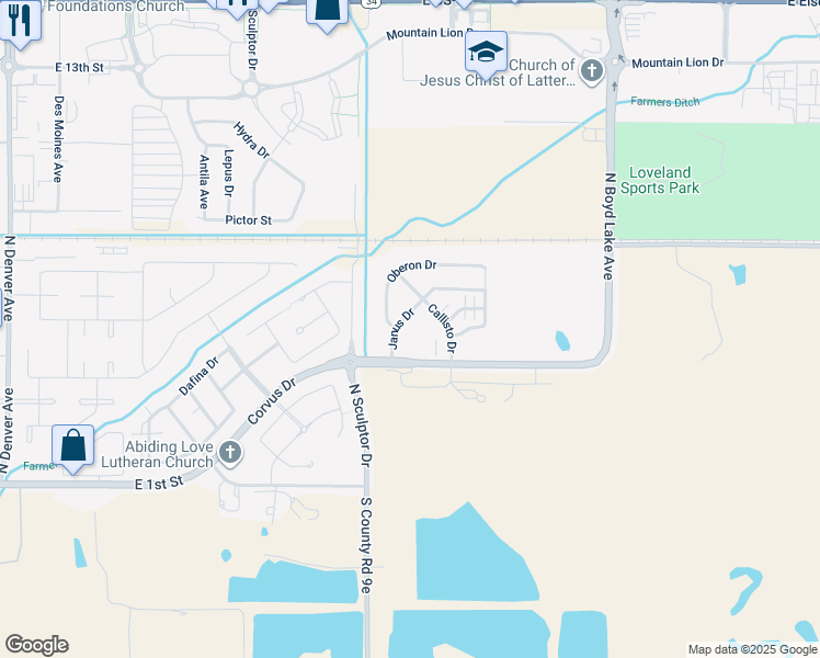 map of restaurants, bars, coffee shops, grocery stores, and more near 102 Janus Drive in Loveland