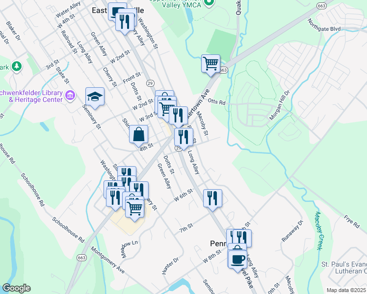 map of restaurants, bars, coffee shops, grocery stores, and more near 404 Main Street in Pennsburg