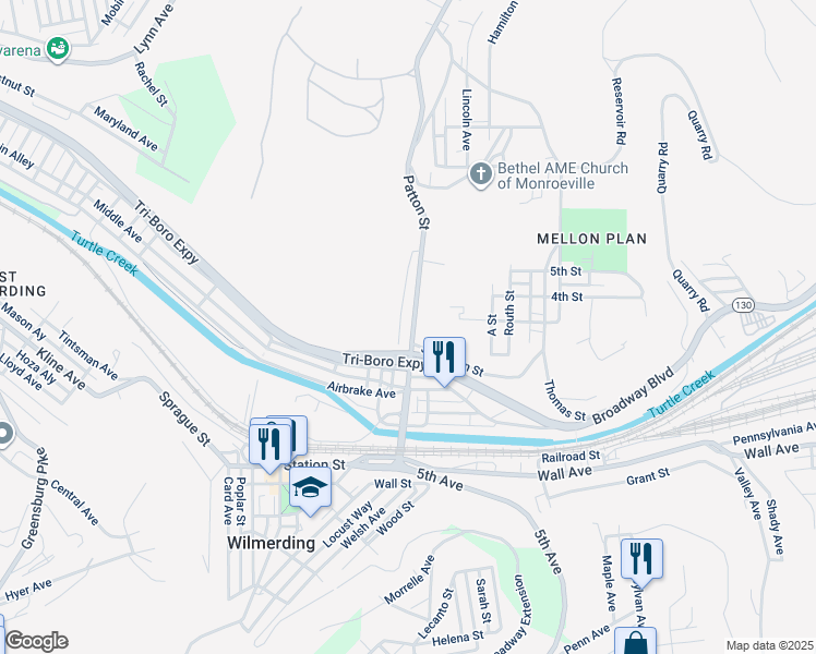 map of restaurants, bars, coffee shops, grocery stores, and more near 429 Patton Street in Wilmerding