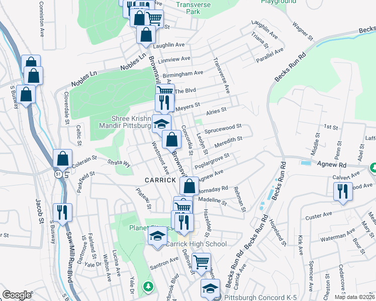 map of restaurants, bars, coffee shops, grocery stores, and more near 1712 Amanda Street in Pittsburgh