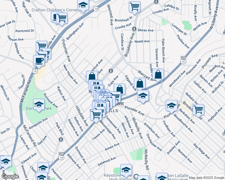 map of restaurants, bars, coffee shops, grocery stores, and more near 2810 Espy Avenue in Pittsburgh