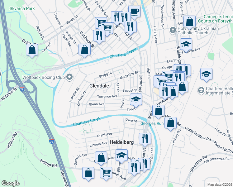 map of restaurants, bars, coffee shops, grocery stores, and more near 528 Cress Street in Carnegie