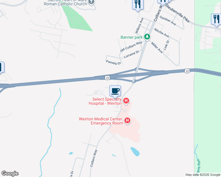 map of restaurants, bars, coffee shops, grocery stores, and more near Woodbridge Park in Weirton