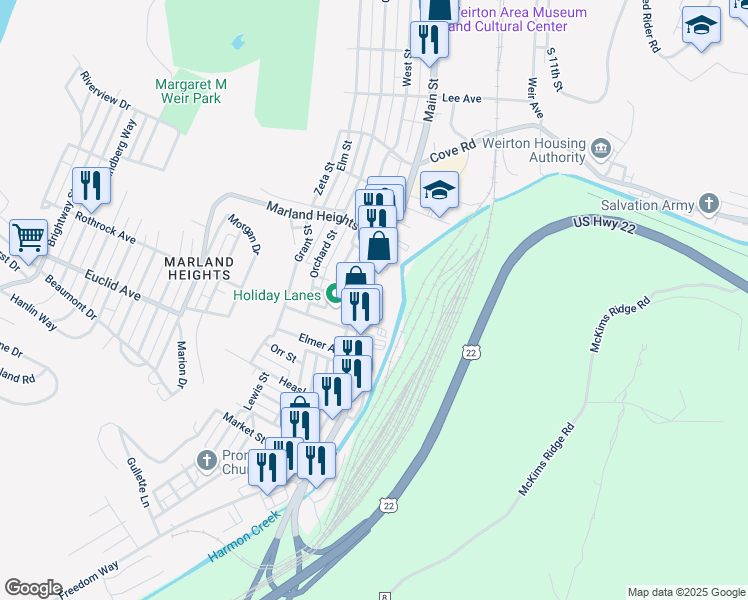 map of restaurants, bars, coffee shops, grocery stores, and more near 3644 Main Street in Weirton