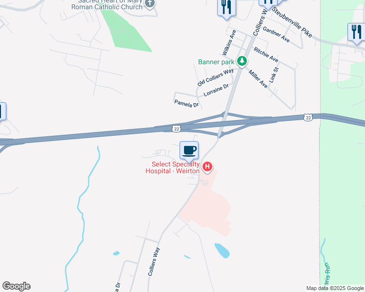 map of restaurants, bars, coffee shops, grocery stores, and more near Woodbridge Park in Weirton