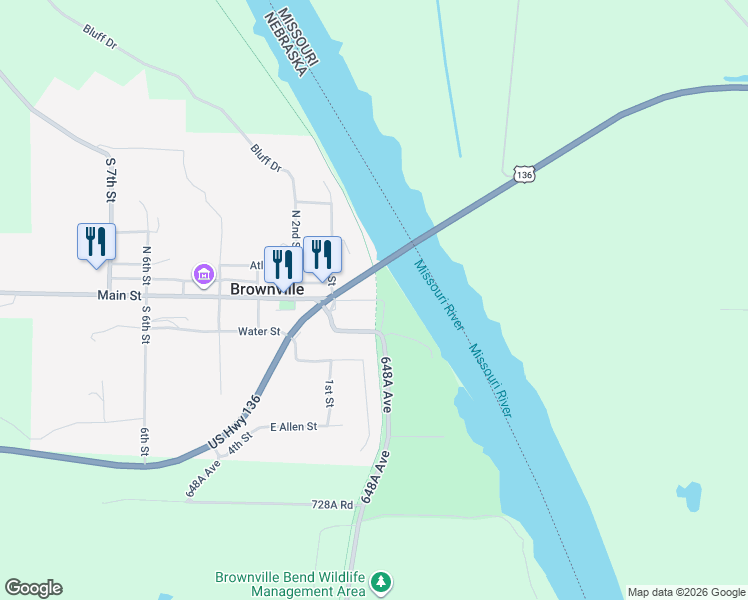 map of restaurants, bars, coffee shops, grocery stores, and more near 318 East Main Street in Brownville