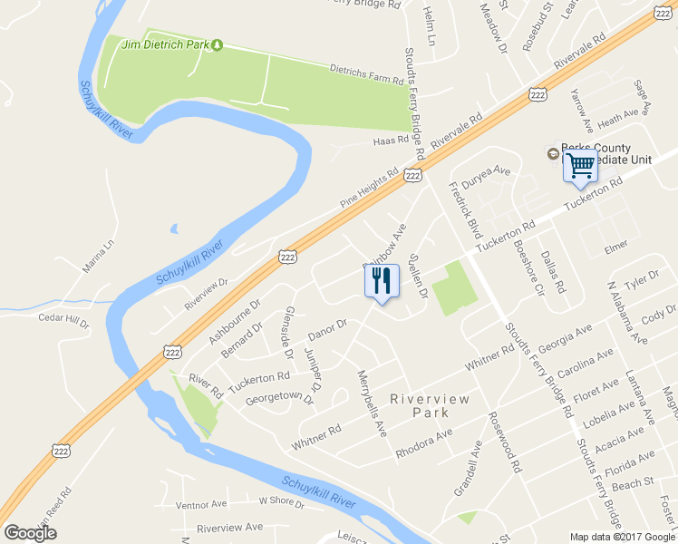 map of restaurants, bars, coffee shops, grocery stores, and more near 1107 Rainbow Avenue in Reading