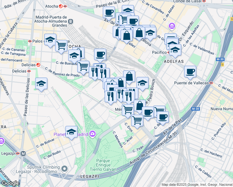 map of restaurants, bars, coffee shops, grocery stores, and more near 61 Calle de Méndez Álvaro in Madrid