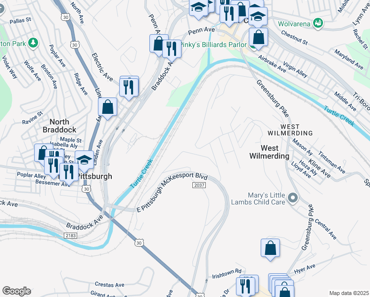 map of restaurants, bars, coffee shops, grocery stores, and more near 101 2nd St in North Versailles