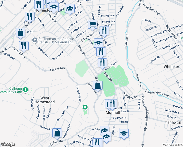 map of restaurants, bars, coffee shops, grocery stores, and more near 2113 Orchard Street in Munhall