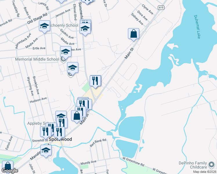 map of restaurants, bars, coffee shops, grocery stores, and more near 284 Main Street in Spotswood