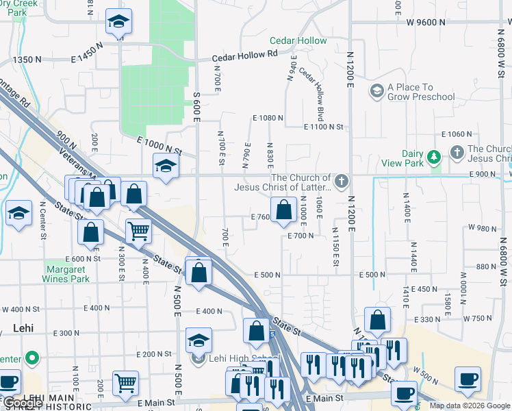 map of restaurants, bars, coffee shops, grocery stores, and more near 806 North Somerset Circle in Lehi