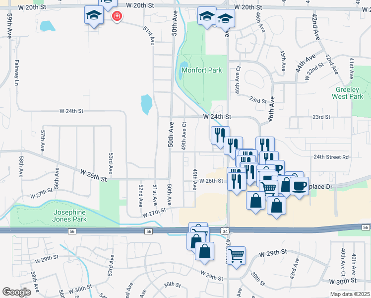 map of restaurants, bars, coffee shops, grocery stores, and more near 2477 49th Avenue Court in Greeley