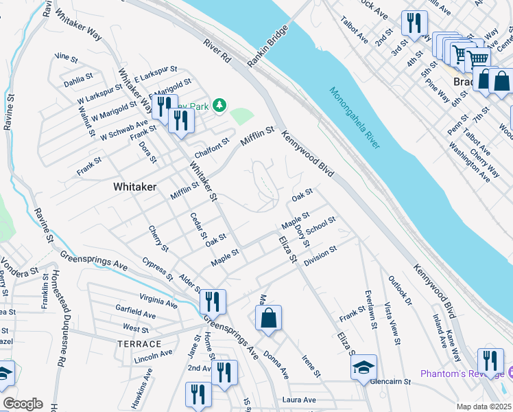 map of restaurants, bars, coffee shops, grocery stores, and more near 1 Midway Drive in West Mifflin