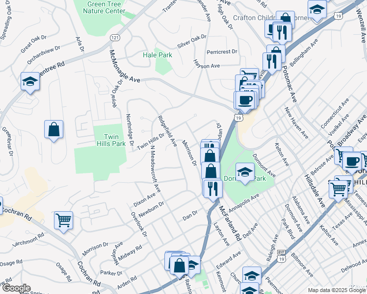 map of restaurants, bars, coffee shops, grocery stores, and more near 107 Morrison Drive in Pittsburgh