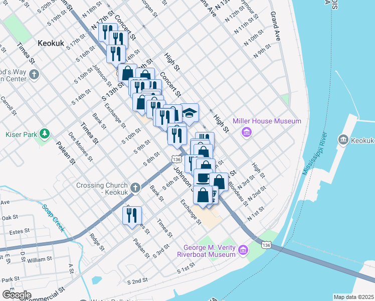 map of restaurants, bars, coffee shops, grocery stores, and more near 25 North 7th Street in Keokuk