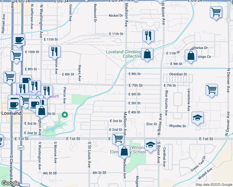 map of restaurants, bars, coffee shops, grocery stores, and more near 1249 East 6th Street in Loveland